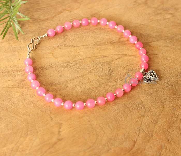 2 Pink beaded Gemstone handmade silver Anklet