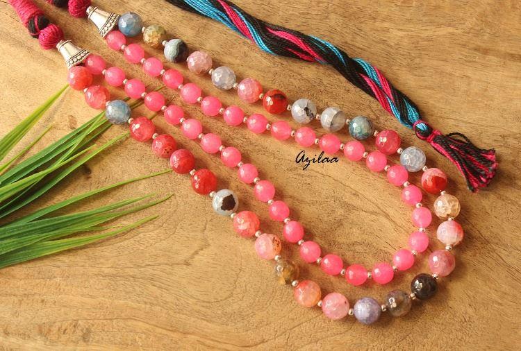 Pink blue agate layered gemstone artisan handmade necklace