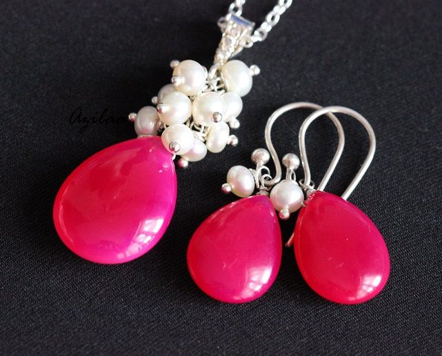Pink chalcedony gemstone silver beaded pendant earring set
