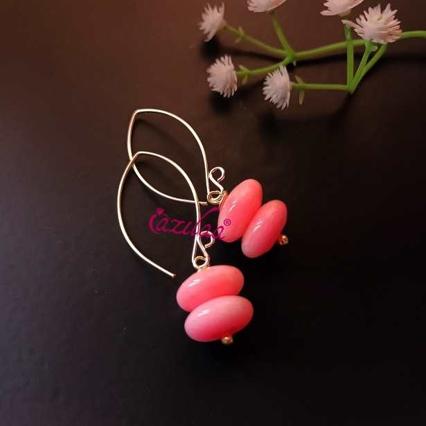 Pink donut gemstone bead dangler silver earrings