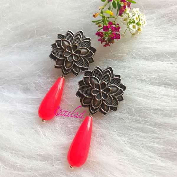 Pink drop Gemstone gemstone flower post earrings