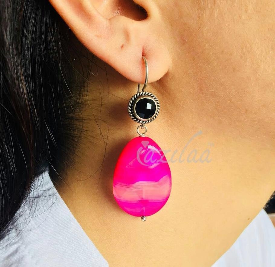 Pink drop bead black onyx Sterling silver gemstone  earrings