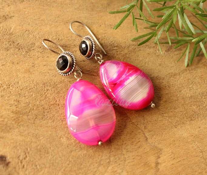 Pink drop bead black onyx Sterling silver gemstone  earrings