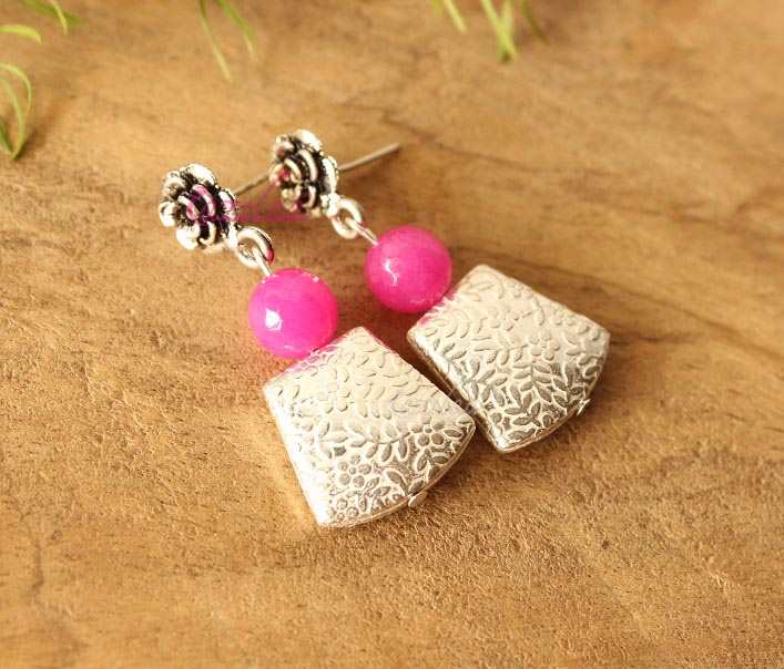 Pink flower Designer silver gemstone earrings