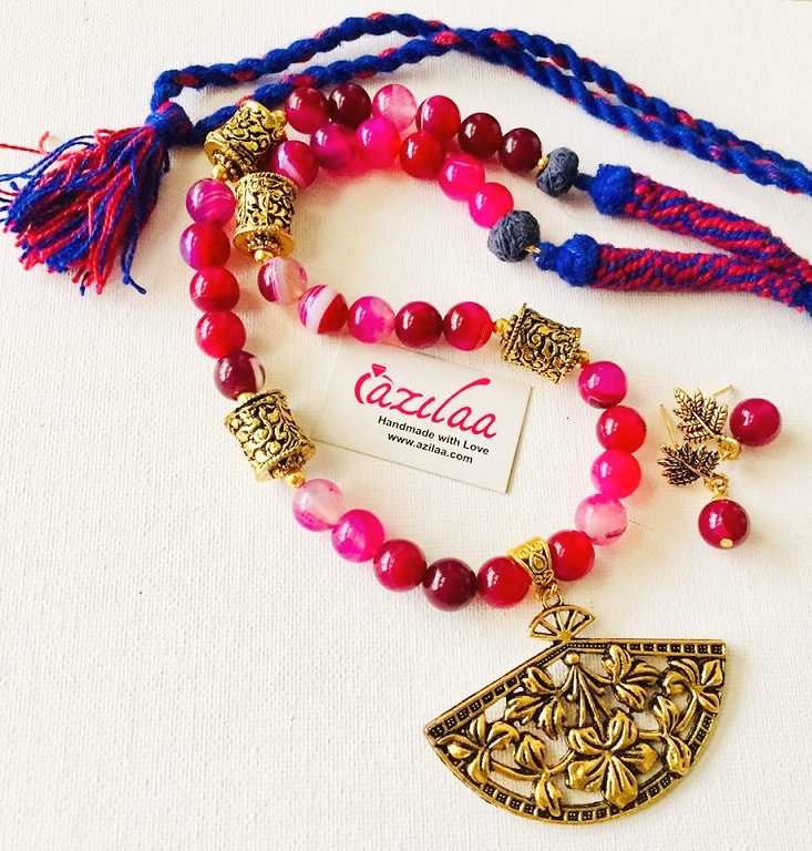 Pink gemstone beaded ethnic antique gold necklace set