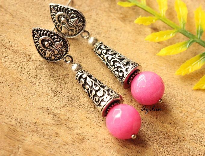 Pink gemstone handmade silver tone post earrings