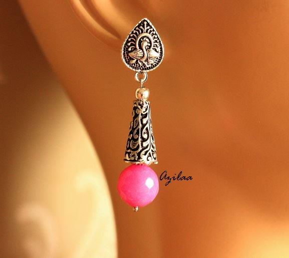 Pink gemstone handmade silver tone post earrings