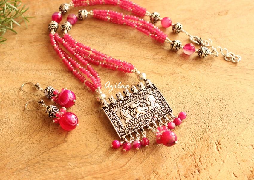 Pink necklace set,Pink beaded pendant necklace earrings set