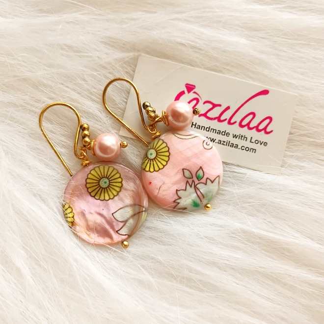 Pink painted mother of pearl disk earrings