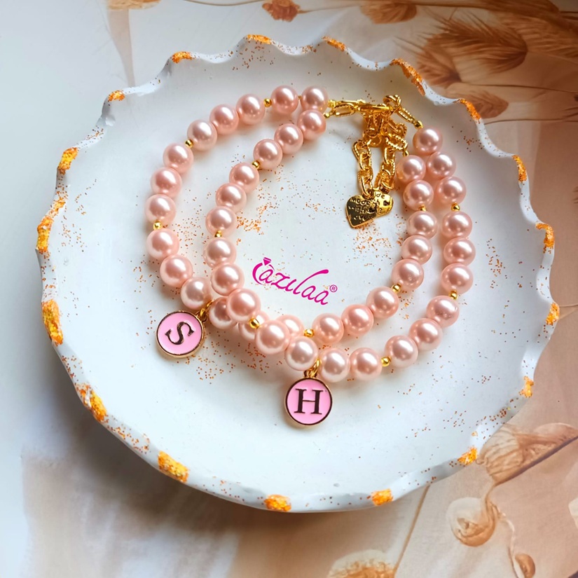 Pink pearl Mother daughter initial charm bracelets