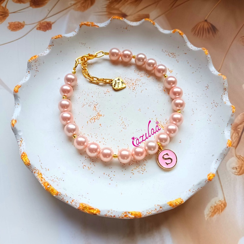 Pink pearl Mother daughter initial charm bracelets