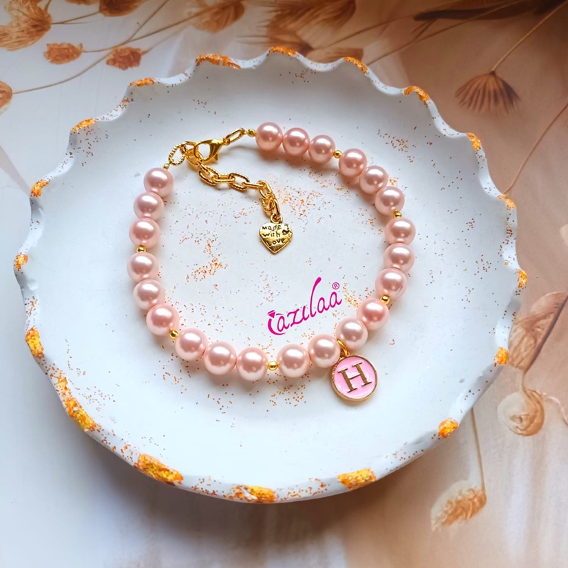 Pink pearl Mother daughter initial charm bracelets