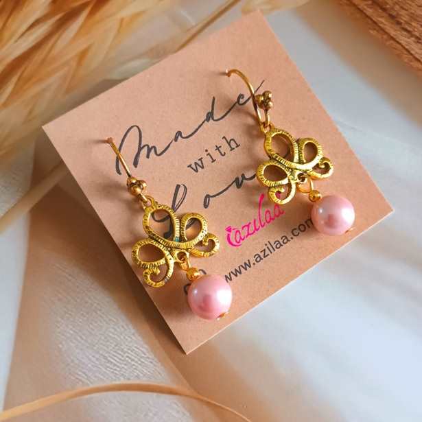  Pink pearl antique golden chandelier earrings