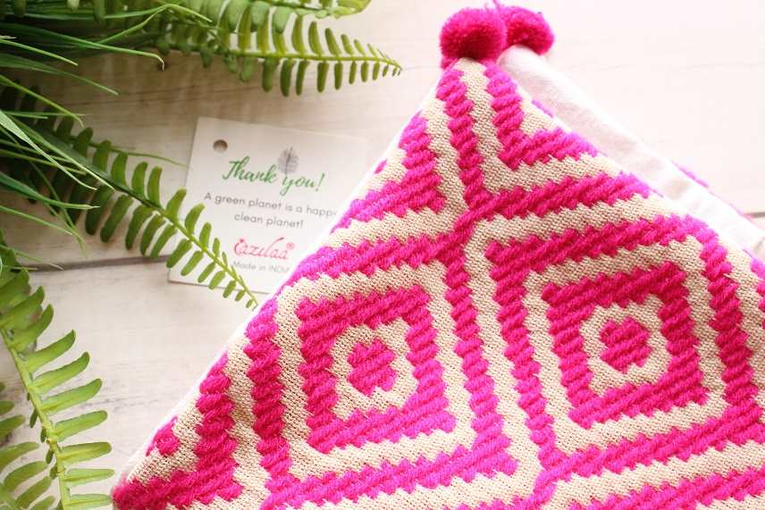 Pink white geometric handloom handmade cushion cover 1