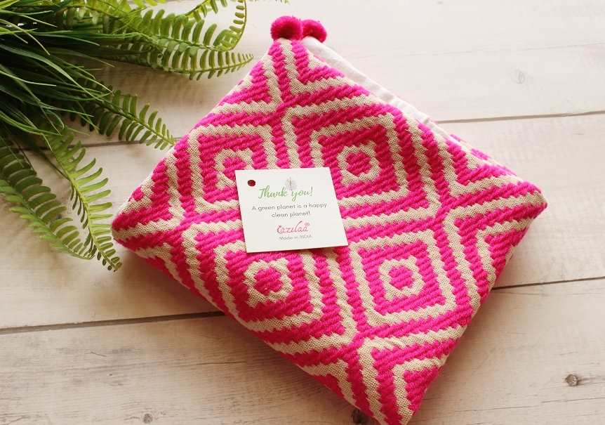 Pink white geometric handloom handmade cushion cover 1