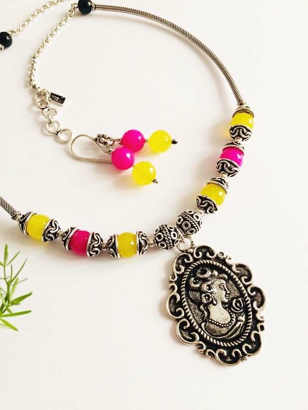  Pink yellow beaded gemstone Indo western pendant necklace set