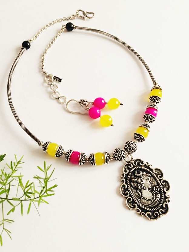  Pink yellow beaded gemstone Indo western pendant necklace set