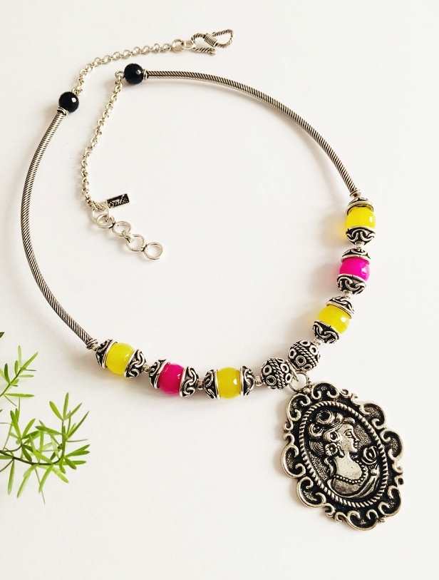  Pink yellow beaded gemstone Indo western pendant necklace set