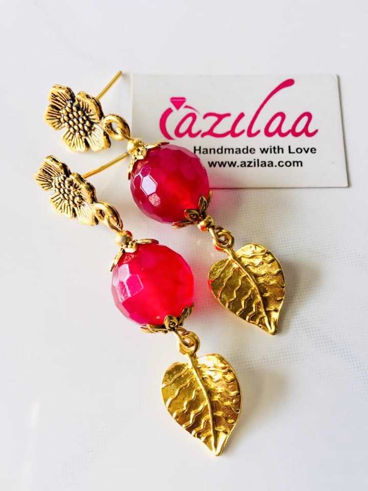 Pinkish maroon Antique flower leaf Golden earrings