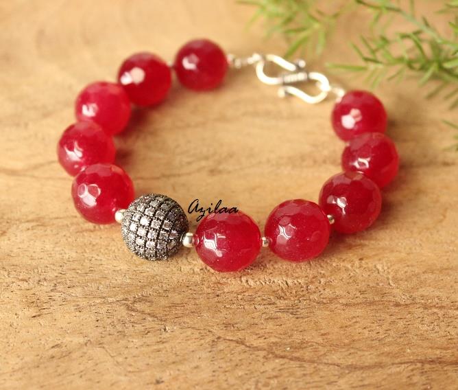 Maroon gemstone CZ beaded handmade silver bracelet