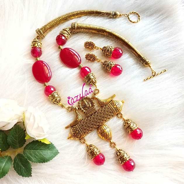Statement Pinkish maroon beaded gemstone ganesha necklace set