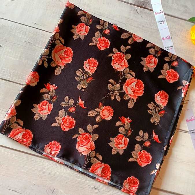 Premium black rose floral square satin scarf 