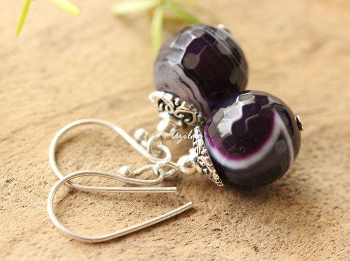 Purple Agate color gemstone silver beaded earrings