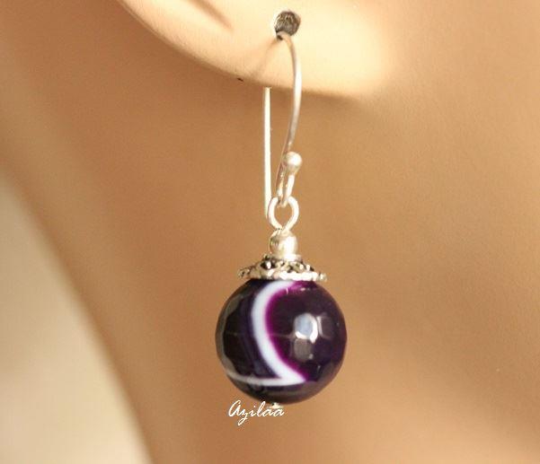 Purple Agate color gemstone silver beaded earrings