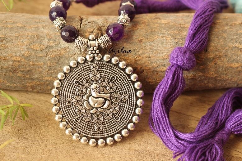 Purple  Ethnic Ganesha silver plated gemstone handmade necklace 