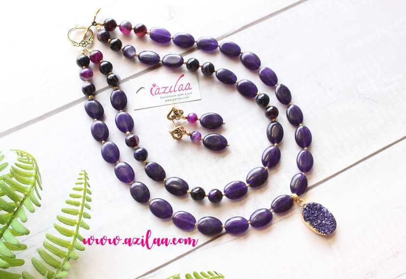 Purple Layered gemstone necklace earrings set