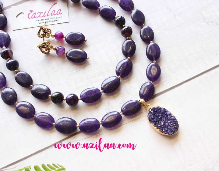 Purple Layered gemstone necklace earrings set