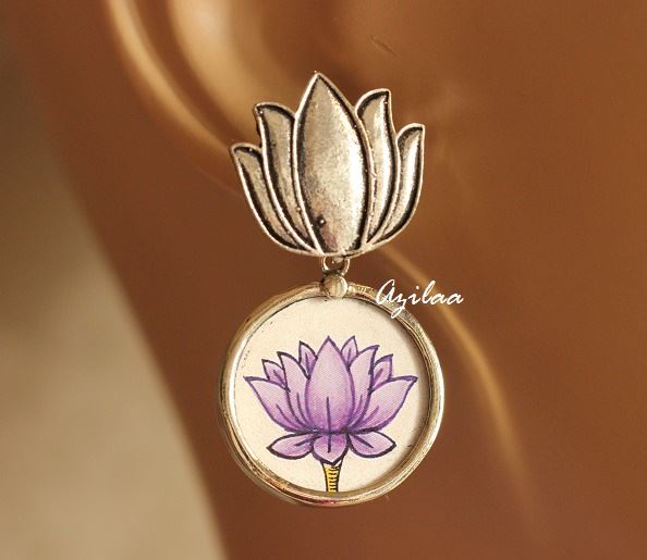 Purple Lotus hand painted  designer silver plated earrings