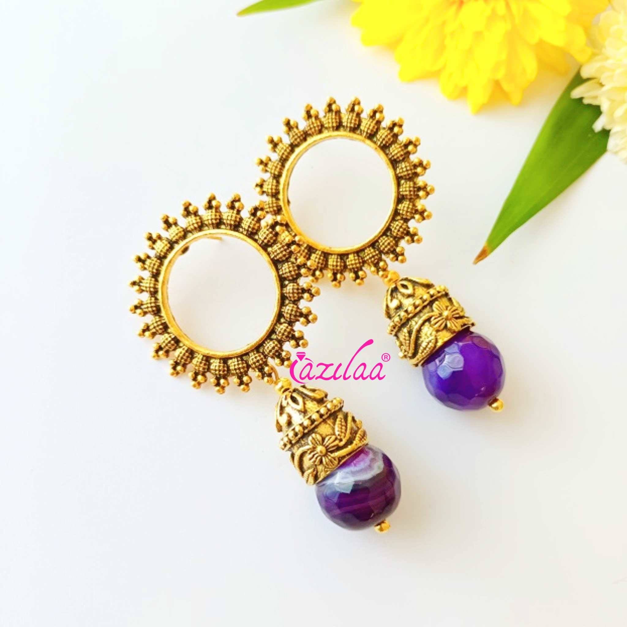 Purple agate dangler antique golden earrings