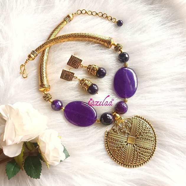 Purple agate gemstone handmade necklace earring set