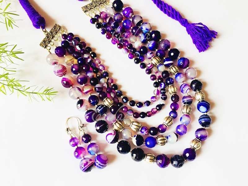 Purple agate layered gemstone handmade necklace 