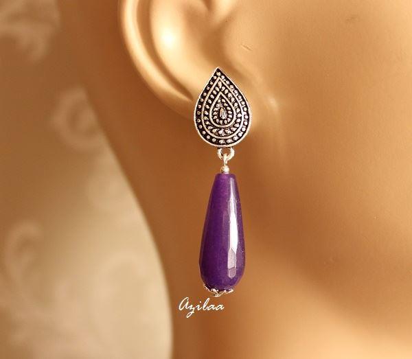 Purple drop silvertone gemstone handmade earrings