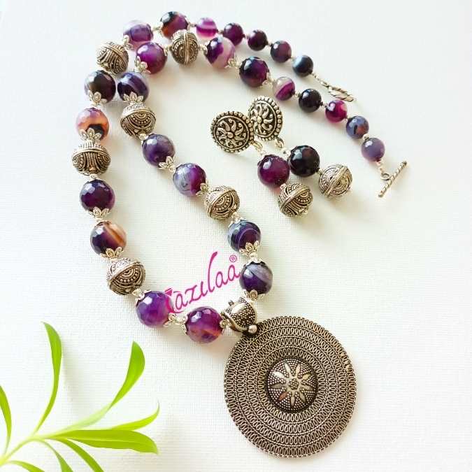 Purple gemstone beaded handmade necklace set