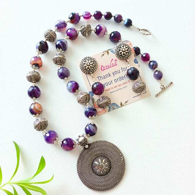Purple gemstone beaded handmade necklace set