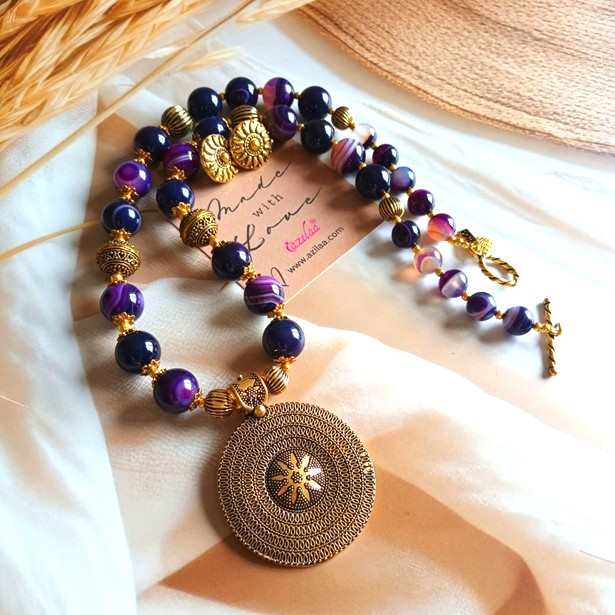 Purple gemstone beaded handmade necklace set