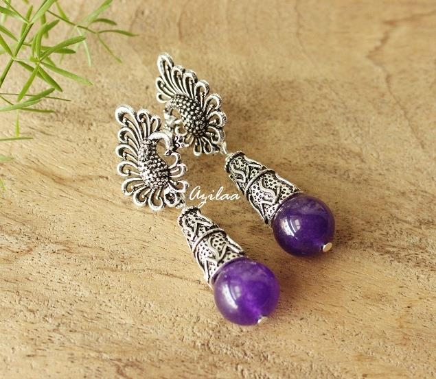Purple gemstone drop beaded earrings