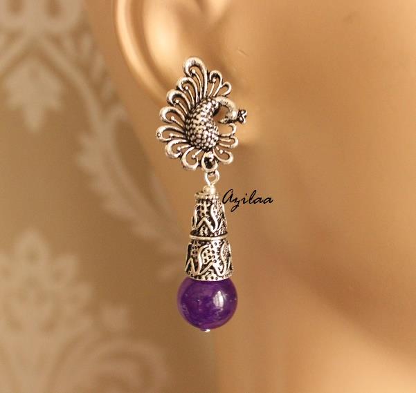 Purple gemstone drop beaded earrings