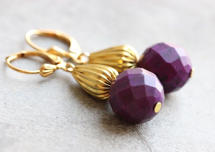 Purple earrings, Beaded gold earrings, Purple stone earrings