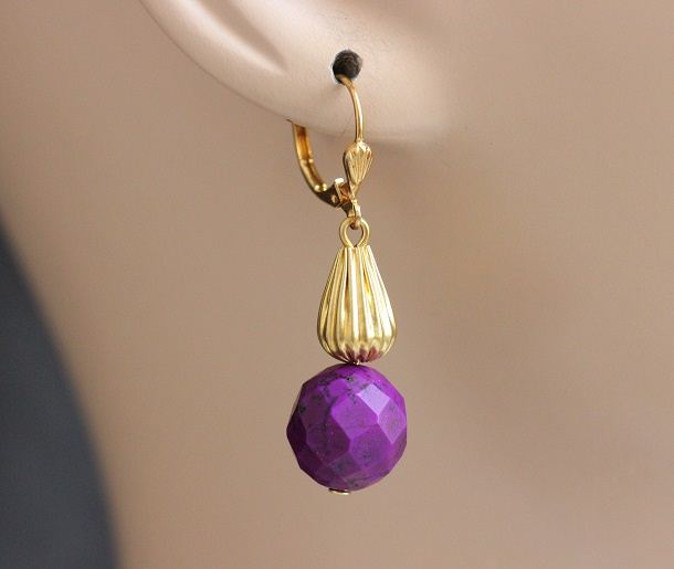 Purple earrings, Beaded gold earrings, Purple stone earrings