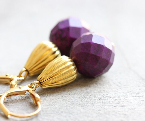 Purple earrings, Beaded gold earrings, Purple stone earrings