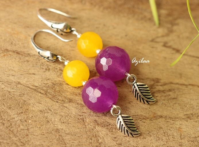 Purple yellow bead silver gemstone earrings