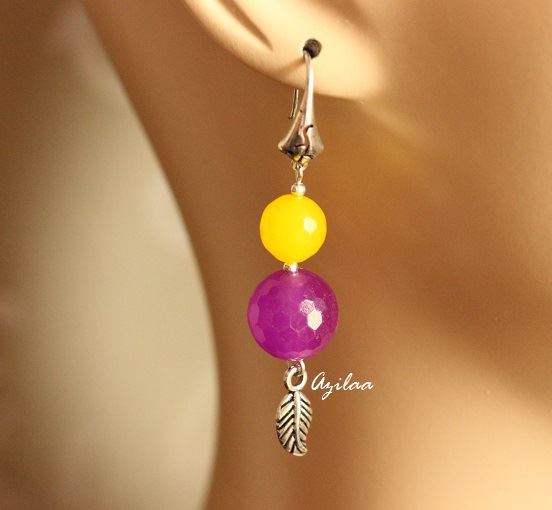 Purple yellow bead silver gemstone earrings