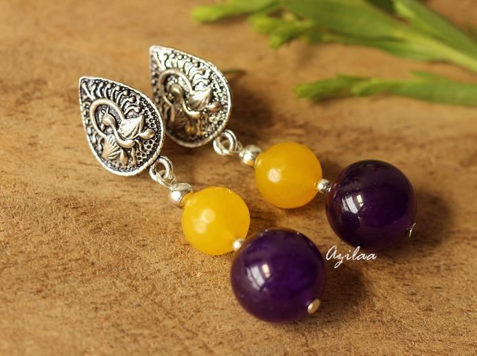 Purple yellow gemstone silver post earrings
