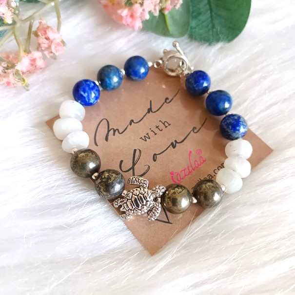 Pyrite lapis moonstone turtle charm bracelet 1