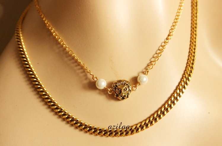 Quirky Leo pearl pendant gold plated layered chain necklace set