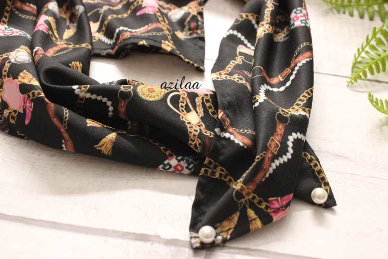 Quirky bejewel satin fabric black scarf Square
